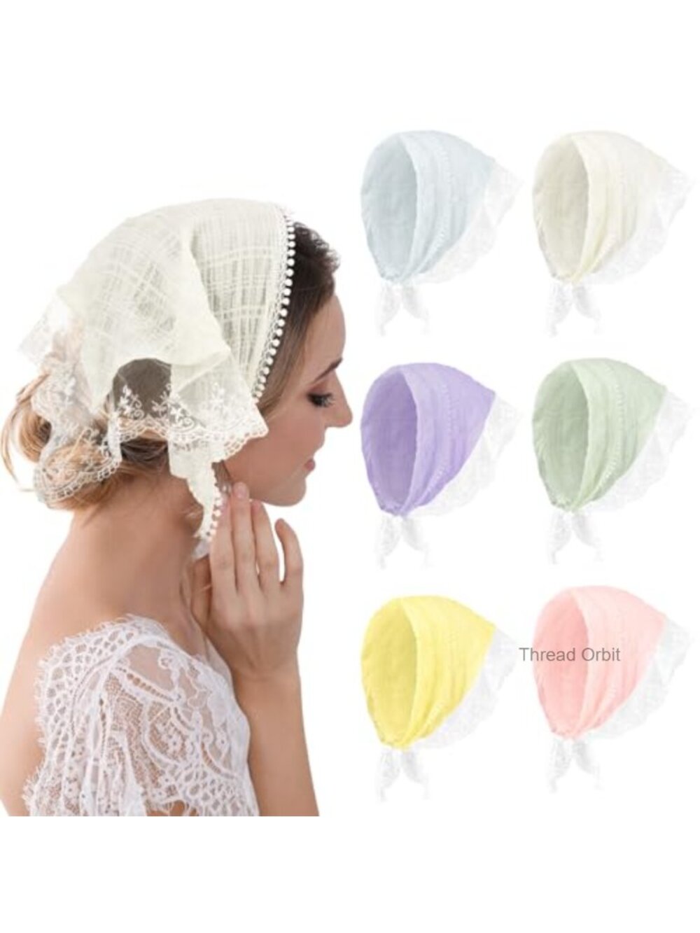 6 Pc Lace Head Scarf Set Chiffon Triangle Bandana Adjustable Hair Accessories